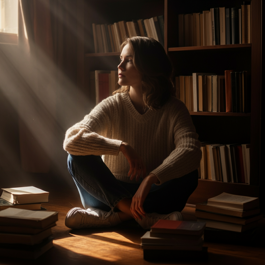A warmly lit study. A young woman sits cross-legged on the floor surrounded by books, a contemplative expression on her face. Soft bokeh in the background shows shelves packed with philosophy texts. Natural light streams in from a nearby window, illuminating dust motes dancing in the air.