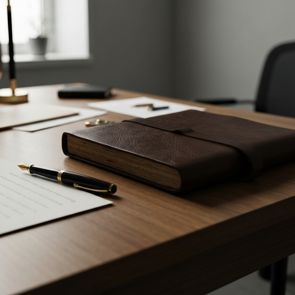 Close-up shot of a worn leather-bound journal lying open on a wooden desk. A fountain pen rests beside it, poised to write. The desk is cluttered with papers and small trinkets, suggesting a space of creative thought. Side-lit textures on the leather and paper reveal age and use.