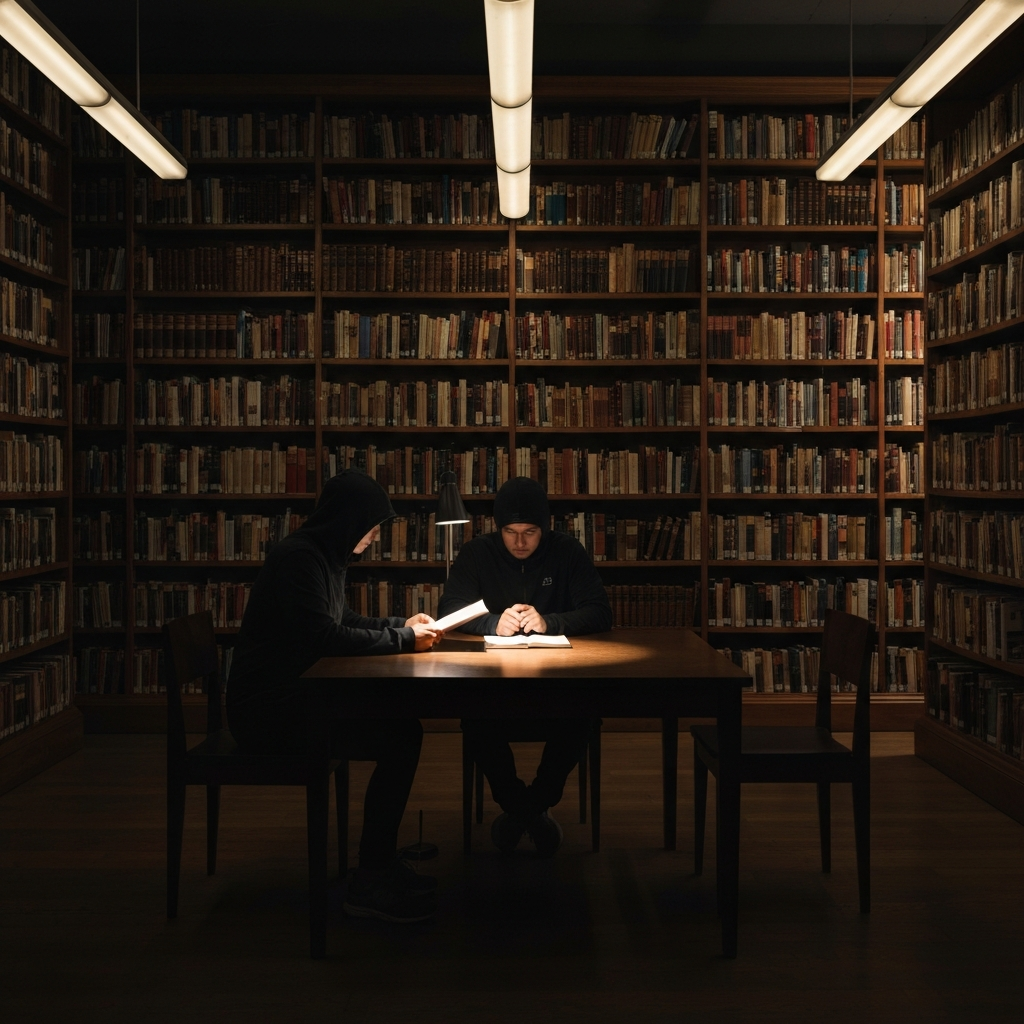 A dimly lit library. Rows of bookshelves stretch into the distance, filled with ancient-looking books. A single spotlight illuminates a table where a person sits reading, their face illuminated by the soft glow of a book light. The scene conveys a sense of quiet contemplation and intellectual pursuit.