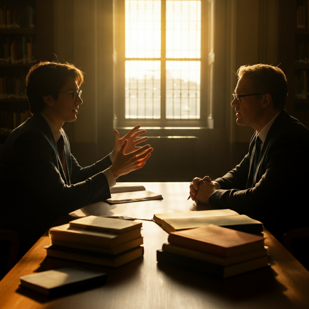 Two people sitting opposite each other at a table in a university library. They are engaged in a lively discussion, gesturing with their hands as they make their points. The table is littered with books and papers. Golden hour lighting streams through the window, casting long shadows across the room.
