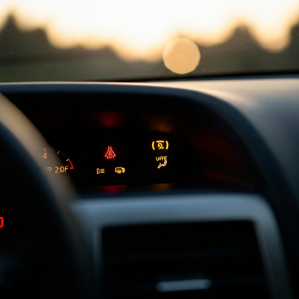 A close-up shot of a car dashboard, highlighting illuminated warning lights. Soft bokeh in the background focuses the viewer's attention. Golden hour lighting creates a warm, inviting tone.