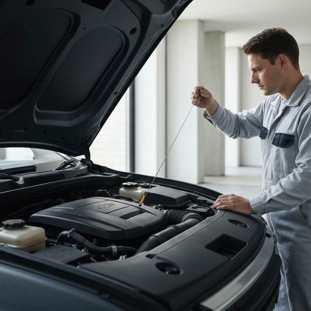 A mechanic in clean work clothes inspecting the engine oil dipstick, holding it up to the light. The engine bay is well-lit and appears meticulously maintained.
