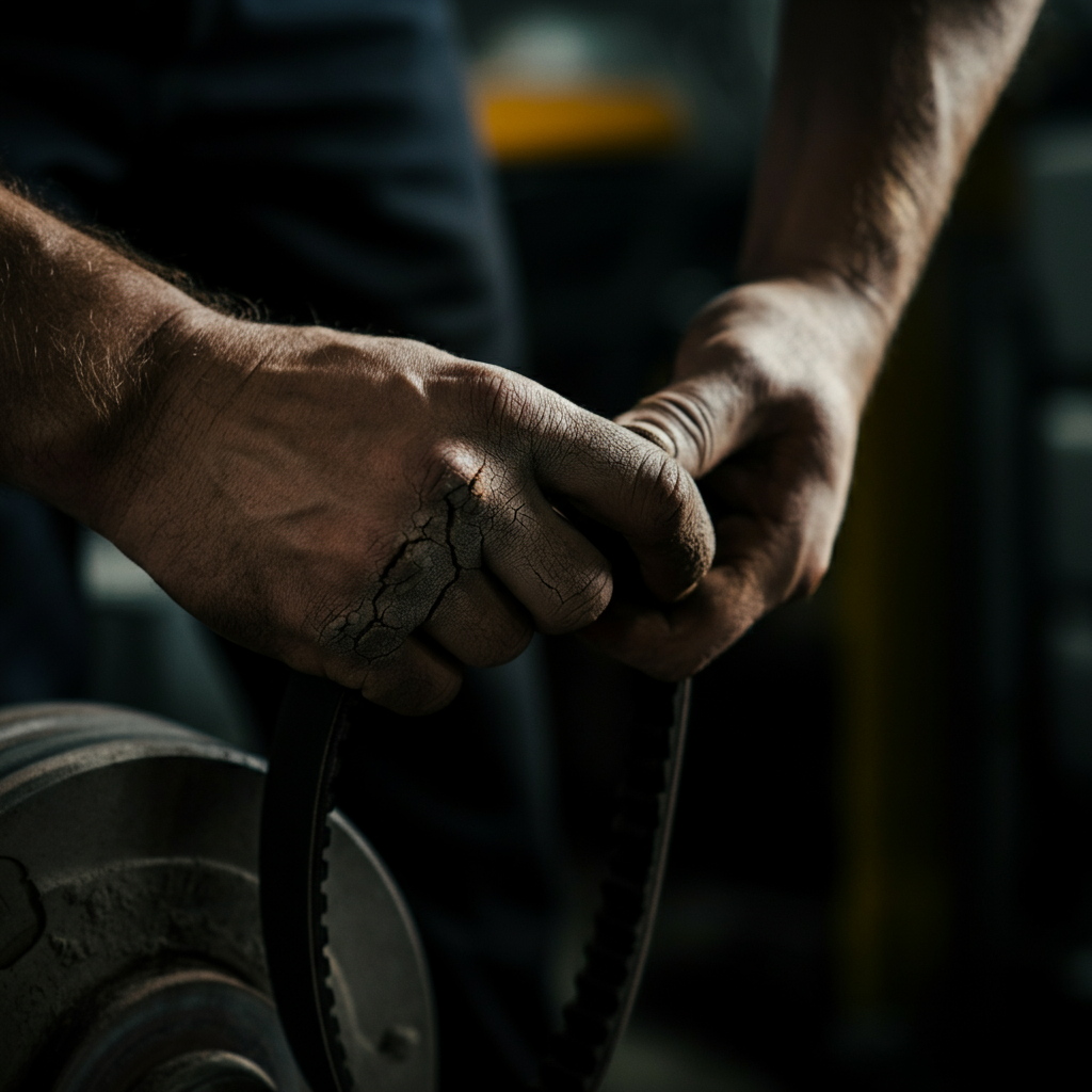 A close-up shot of a mechanic's hands inspecting a worn serpentine belt. The lighting is side-lit to emphasize the texture of the belt's cracks and wear.