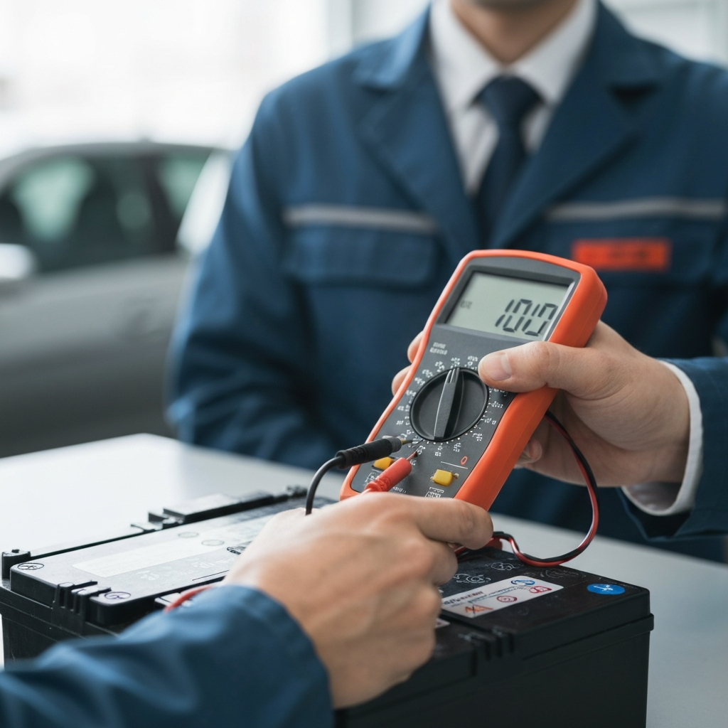 A technician using a multimeter to test the voltage of a car battery. The background is slightly blurred to keep the focus on the testing equipment.