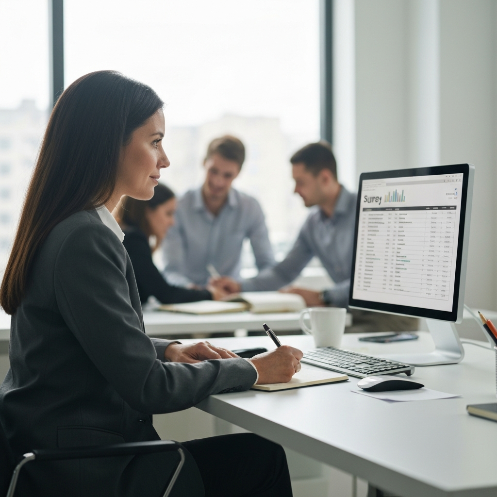 A brightly lit office. A woman sits at a clean desk, looking at a monitor displaying survey results. She's taking notes in a sleek notebook. Soft bokeh in the background shows colleagues collaborating.