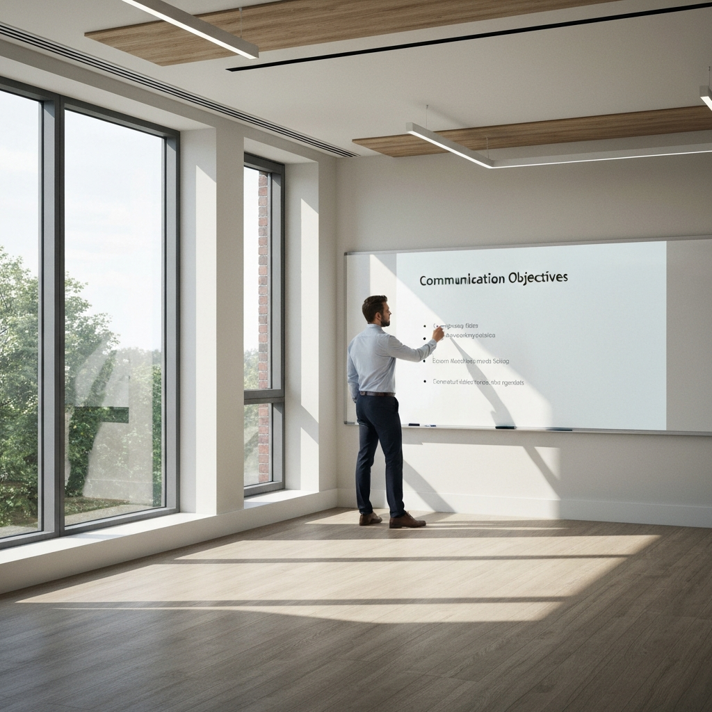 A conference room with natural light streaming through the windows. A whiteboard displays a bulleted list under the title "Communication Objectives". A man stands beside the whiteboard, pointing to a bullet point with a marker. The room is modern and professional.