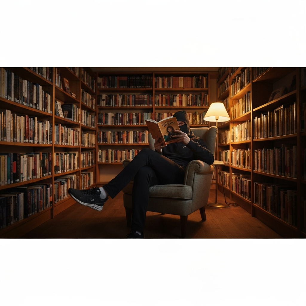 A cozy library with warm, inviting lighting. A person sits in a comfortable armchair, engrossed in reading a book. The book cover is visible, featuring an engaging illustration. Bookshelves line the walls, creating a sense of depth.