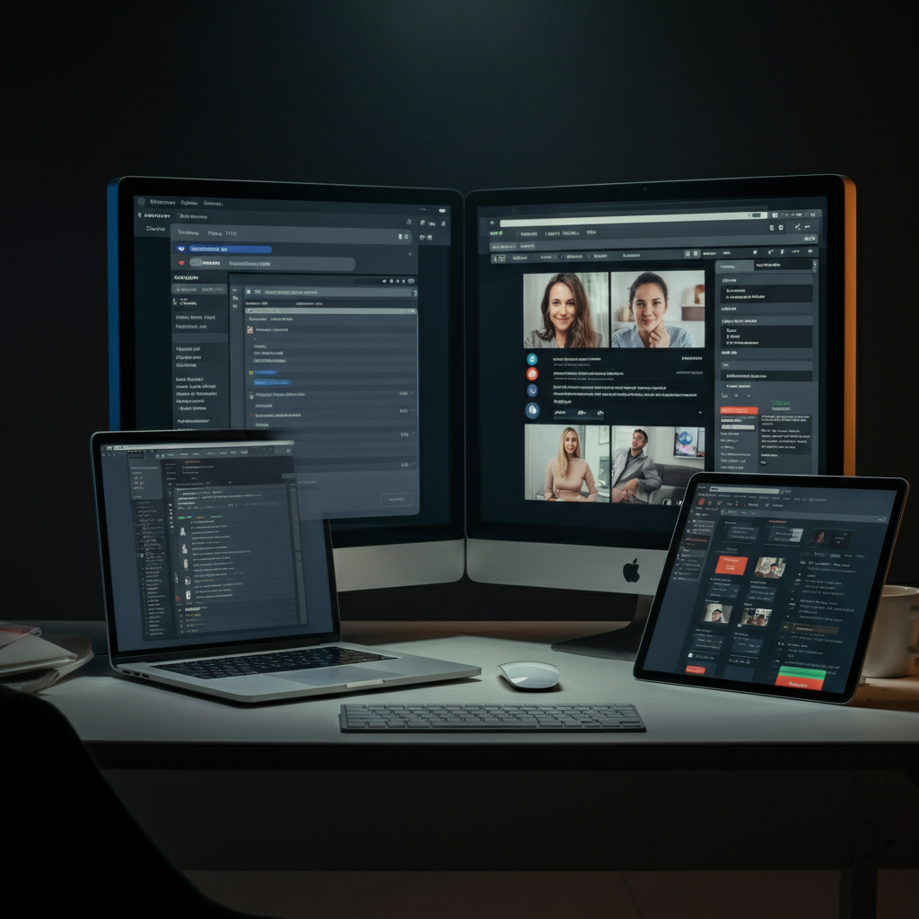 A desk with multiple screens displaying various communication channels: email inbox, social media feed, and a video conferencing application. Soft, diffused lighting creates a balanced and professional atmosphere.