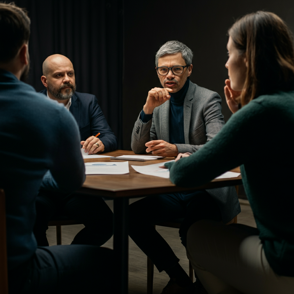 A small group of people sitting around a table, engaged in a lively discussion. One person is speaking while the others are listening attentively. The scene is well-lit, and the atmosphere is collaborative and open.