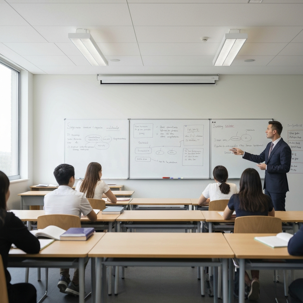 A brightly lit classroom with a teacher explaining a concept using a whiteboard filled with diagrams and simple explanations. Students are attentively taking notes. The scene is organized and conducive to learning.