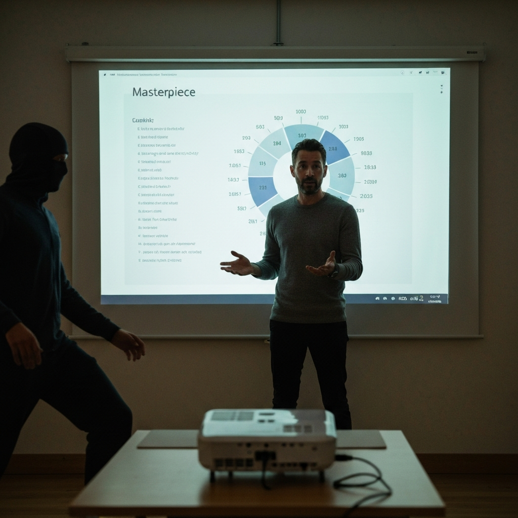 A professional presentation setting. A projector displays a slide with a clean, visually appealing chart. The presenter stands confidently, gesturing towards the chart. The lighting is soft and focused on the presenter and the screen.