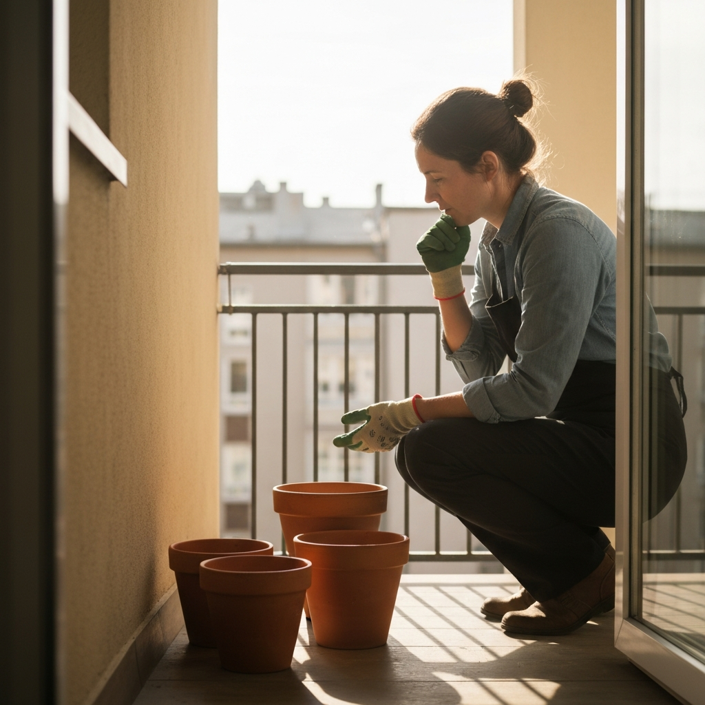 A person in gardening gloves thoughtfully examining a small urban balcony with morning sunlight streaming in. Several empty terracotta pots of varying sizes sit nearby.