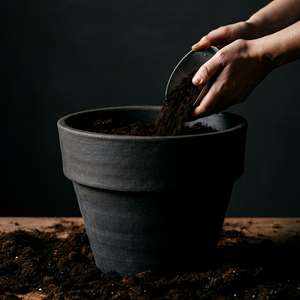 Close-up shot of hands filling a dark terracotta pot with rich, dark potting soil. Focus on the textures of the soil and the rough surface of the pot.