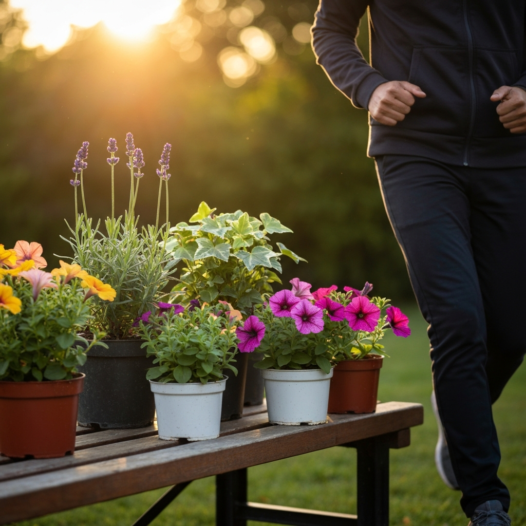 A selection of small potted plants, including lavender, ivy, and colorful petunias, arranged on a wooden bench. Soft bokeh in the background.