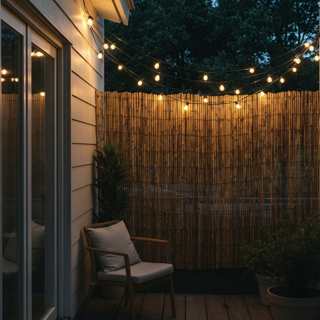 A small patio with a bamboo screen partially obscuring the view. String lights are draped overhead, casting a warm glow. A comfortable chair with cushions sits in the corner.