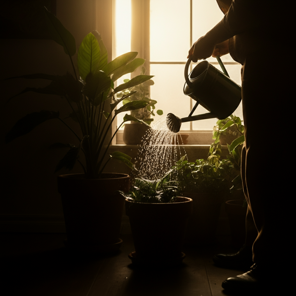 A person watering potted plants with a watering can. Golden hour lighting creates long shadows and highlights the water droplets on the leaves.
