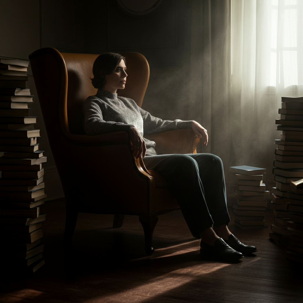 A person sitting comfortably in an armchair, surrounded by stacks of books, with a soft, diffused light coming from a nearby window, illuminating dust motes dancing in the air.