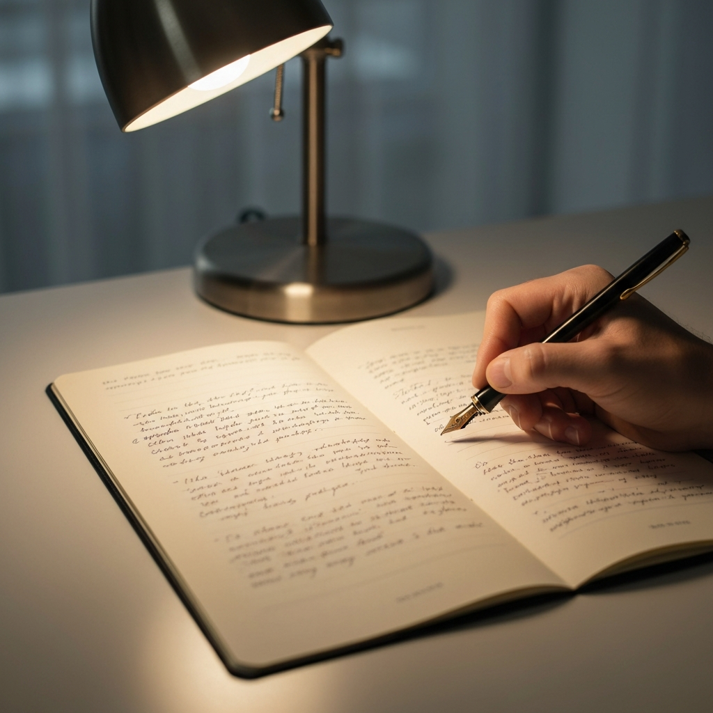 A close-up shot of a hand writing in a journal with a fountain pen, the page filled with neatly written words and underlined phrases, a small desk lamp casting a warm glow on the paper.
