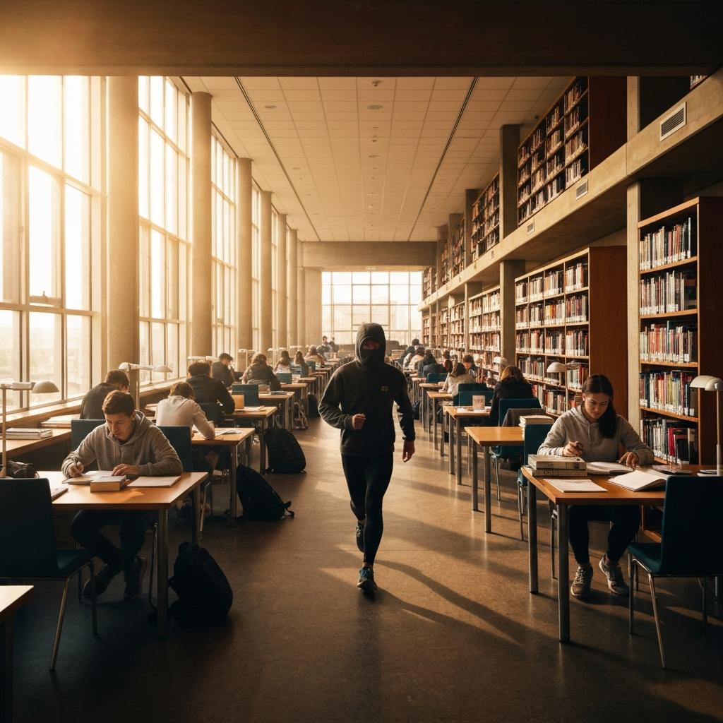 A wide shot of a university library, filled with students studying at desks, rows of bookshelves stretching into the distance, and sunlight streaming through large windows.