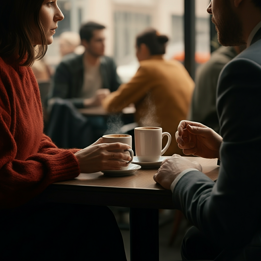 Two people sitting at a coffee shop, engaged in an animated discussion, with steaming mugs of coffee on the table and a blurred background of other patrons.