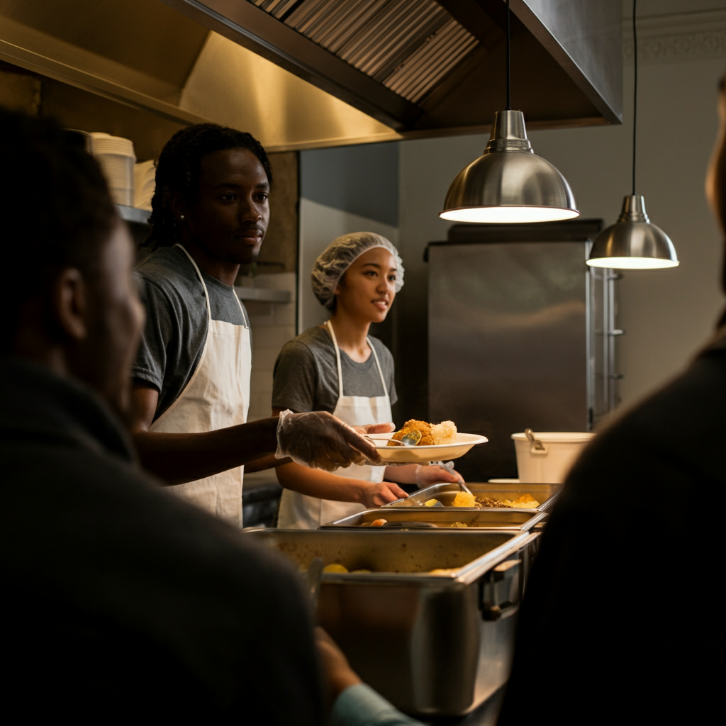 A person volunteering at a soup kitchen, serving food to people in need, with a genuine smile on their face and a sense of purpose in their eyes.