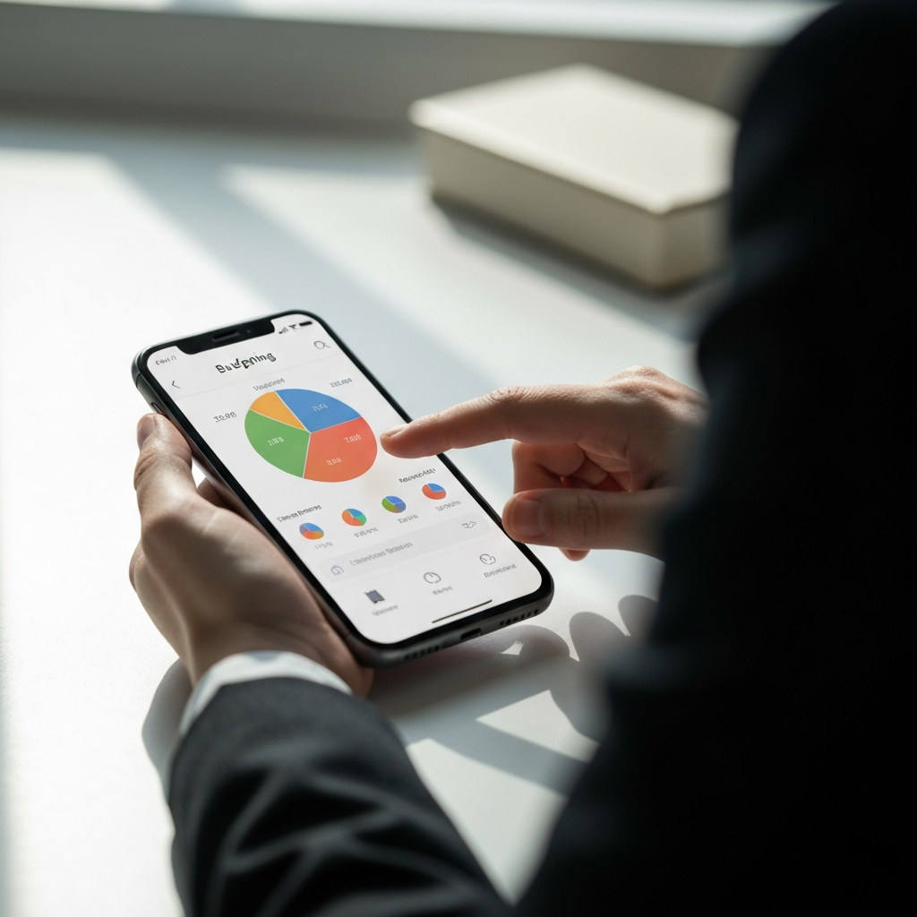 Close-up shot of a hand using a budgeting app on a smartphone, showcasing a colorful pie chart visualizing expenses. Soft, natural lighting from a nearby window illuminates the screen and hand.