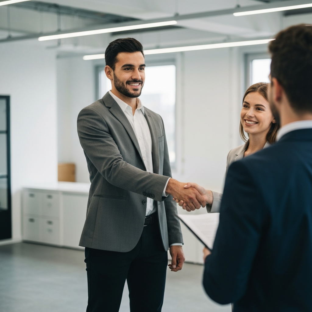 Medium shot of a young professional confidently shaking hands with an interviewer in a modern office setting. The room is well-lit with diffused lighting, and the background is slightly blurred to focus on the interaction.