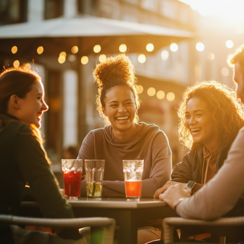 Wide shot of a group of friends laughing and talking at an outdoor cafe during golden hour. The light is warm and inviting, and the scene conveys a sense of camaraderie and connection. Soft bokeh in the background.