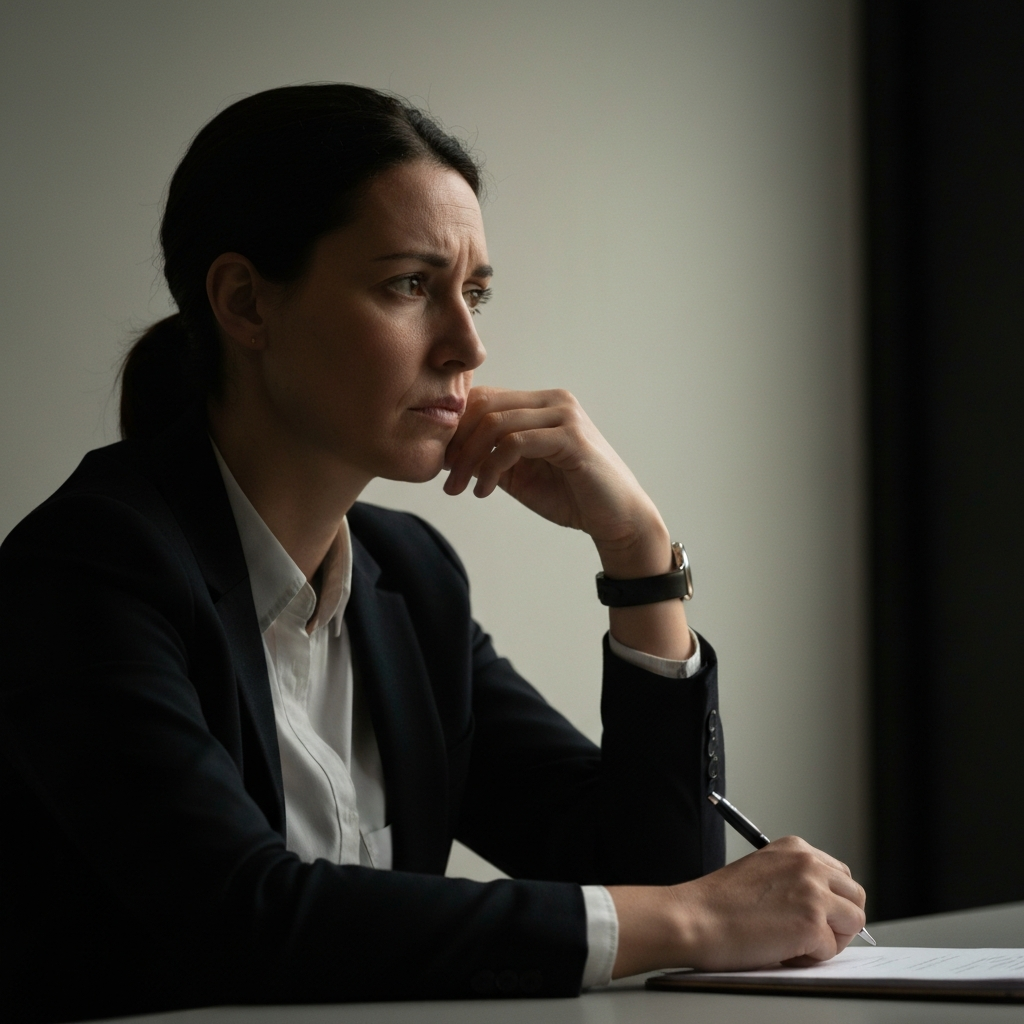 Medium shot of a person sitting alone at a table, looking thoughtful and slightly concerned. The lighting is soft and diffused, casting a gentle shadow on their face. The background is blurred, creating a sense of introspection.