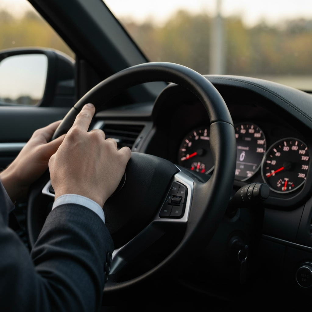 A close-up shot of a driver's hands on the steering wheel, focusing on the dashboard instruments in the background. Soft focus on the driver, emphasizing the act of attentive listening. Warm, diffuse lighting.