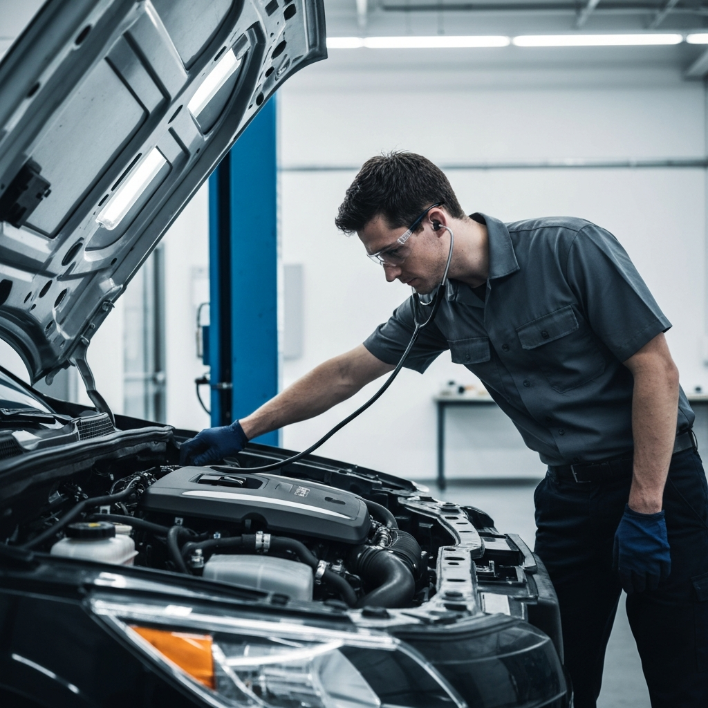 A mechanic in a clean workshop, using a stethoscope to listen to the engine of a car. The engine bay is brightly lit, showcasing the various components. The mechanic is wearing safety glasses and is focused on the engine.