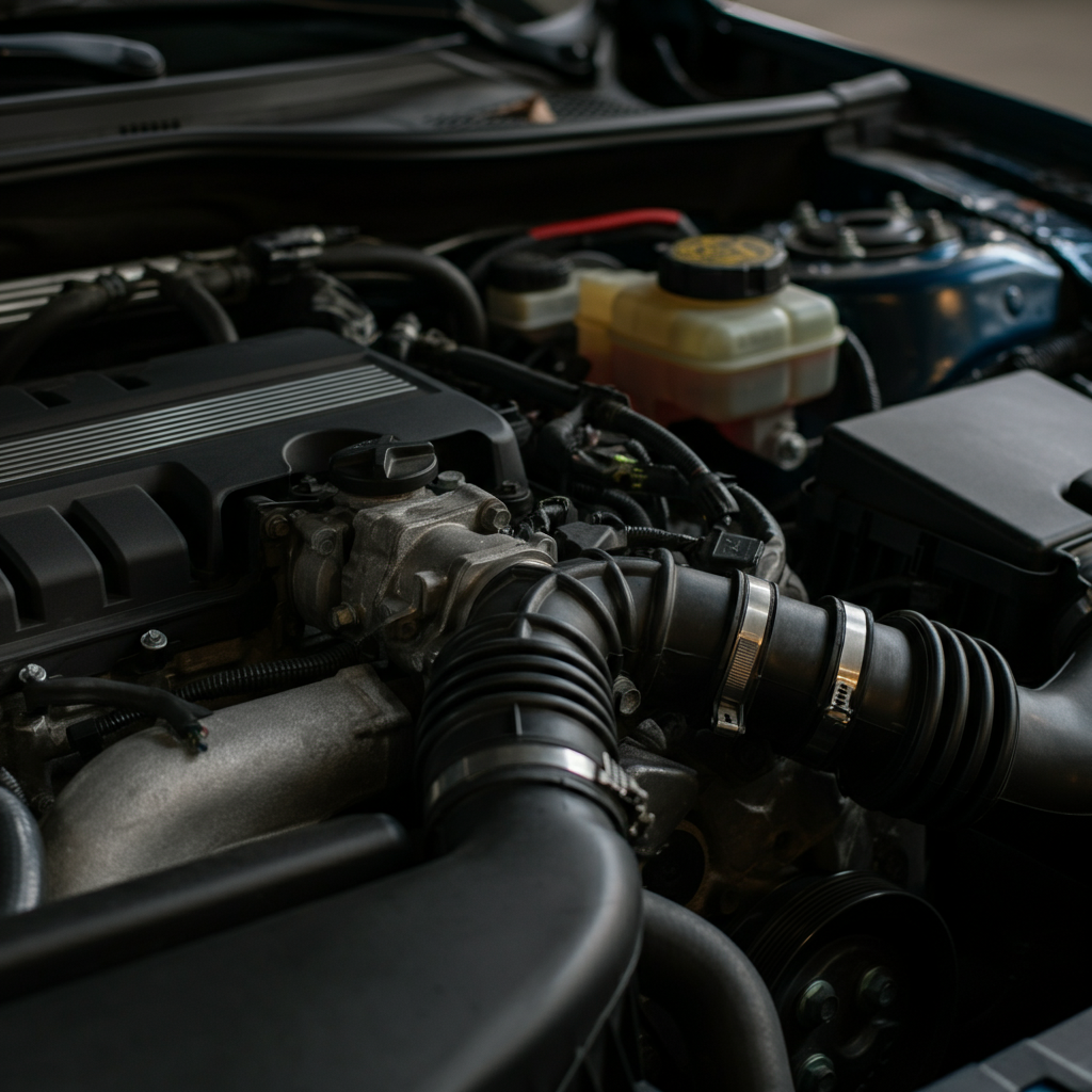 A well-organized engine bay, side-lit to highlight the textures of the hoses, belts, and metal components. The lighting is bright and even, showcasing the cleanliness and orderliness of the engine.