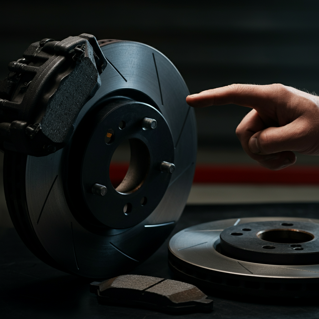 A close-up of a mechanic's hand pointing to brake pads and rotors. The lighting is focused on the brake components, with a soft bokeh effect in the background.