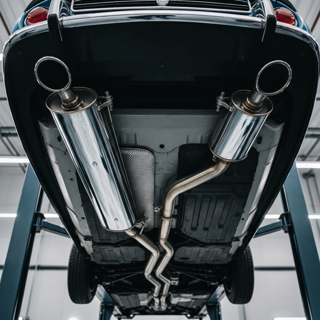 Underside view of a car on a lift, showcasing the exhaust system. The lighting is soft and even, highlighting the metallic texture of the exhaust pipes and muffler. The backdrop is a clean garage environment.