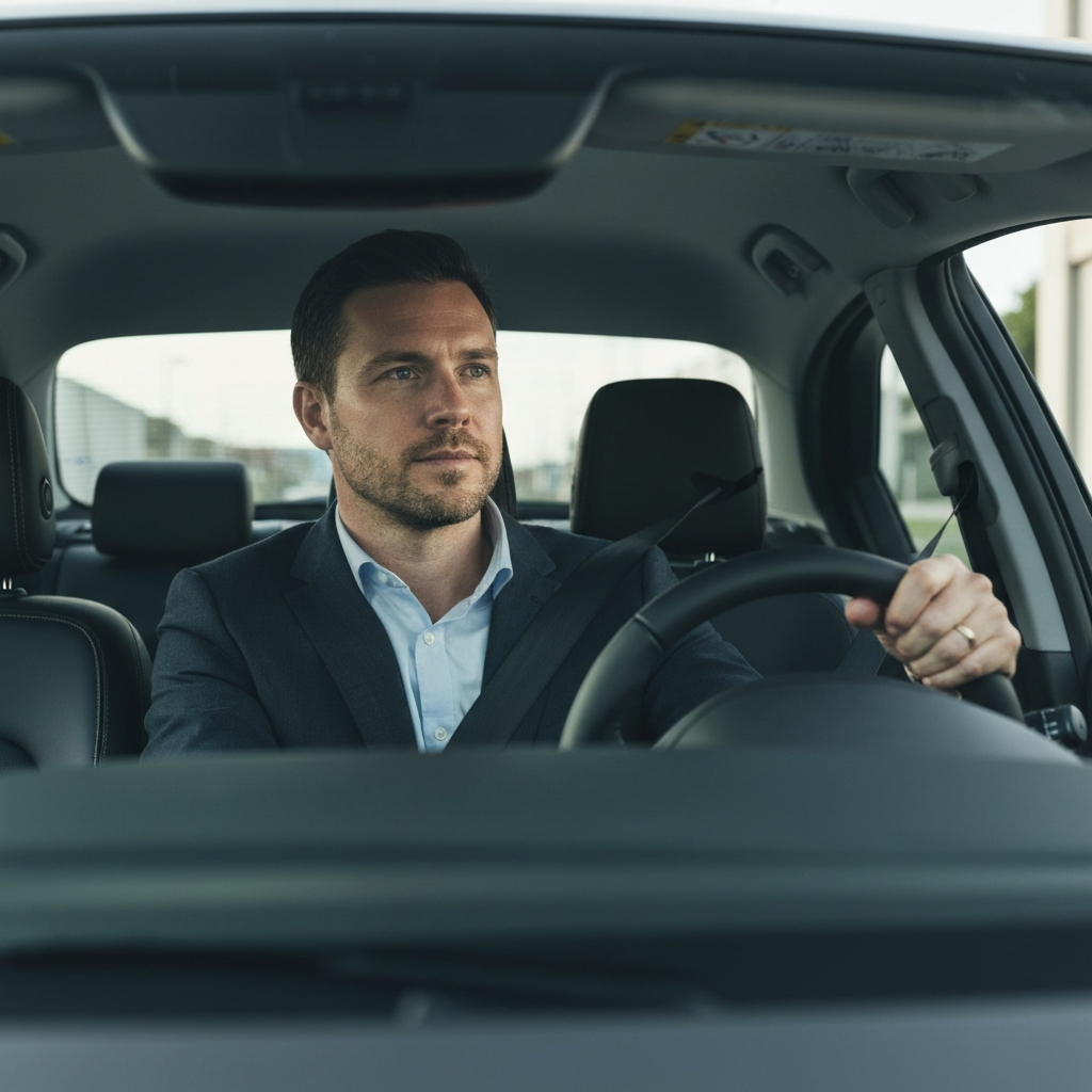 A professional car interior. A man with a focused expression sits in the driver's seat, with hands on the wheel, looking attentively at the road. Sunlight is diffused through the front windshield.