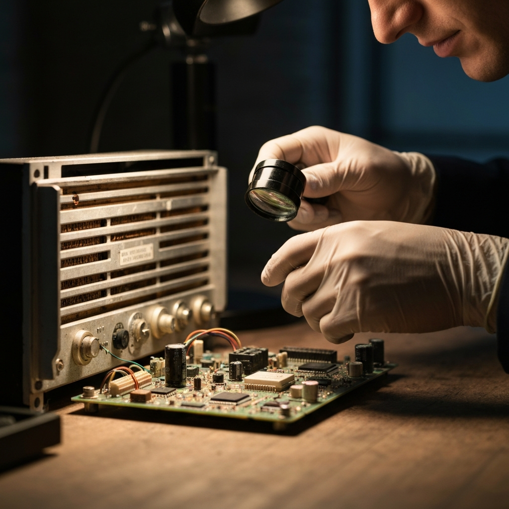 Close-up shot of a person wearing nitrile gloves carefully examining the circuit board of an old radio. The workbench is well-lit, and the focus is on the person's hands using a small magnifying glass to check for damage. Soft bokeh in the background.