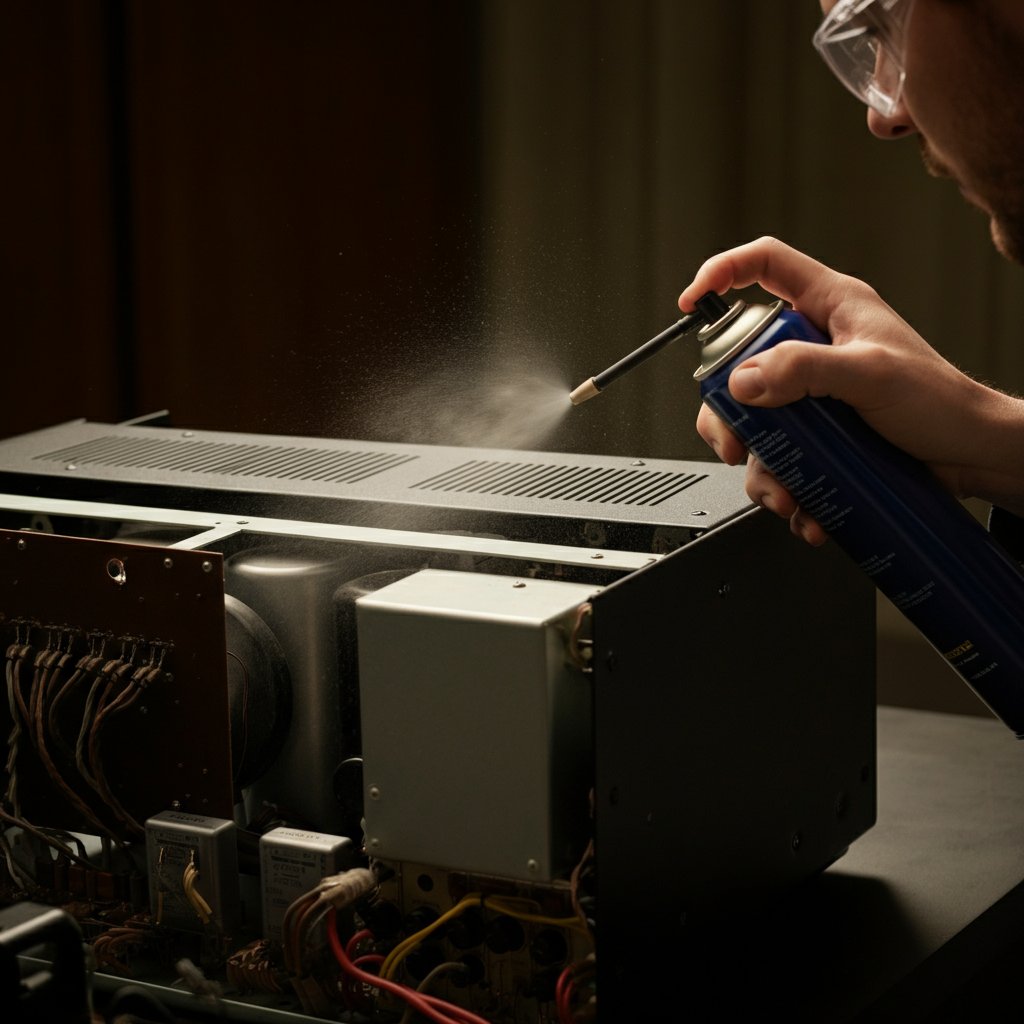 A person using a can of compressed air to clean the inside of a vintage stereo receiver. The shot is side-lit, highlighting the textures of the metal chassis and the dust particles being blown away. The person is wearing safety glasses.