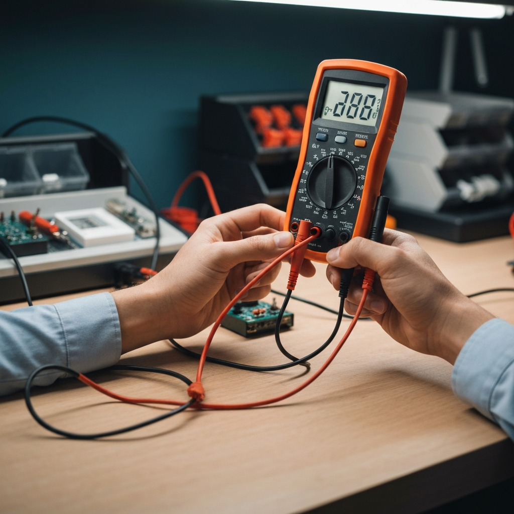 A technician using a multimeter to test the continuity of a power cord. The background shows a workbench with various electronic components and tools. The lighting is bright and even, ensuring clear visibility of the multimeter display.