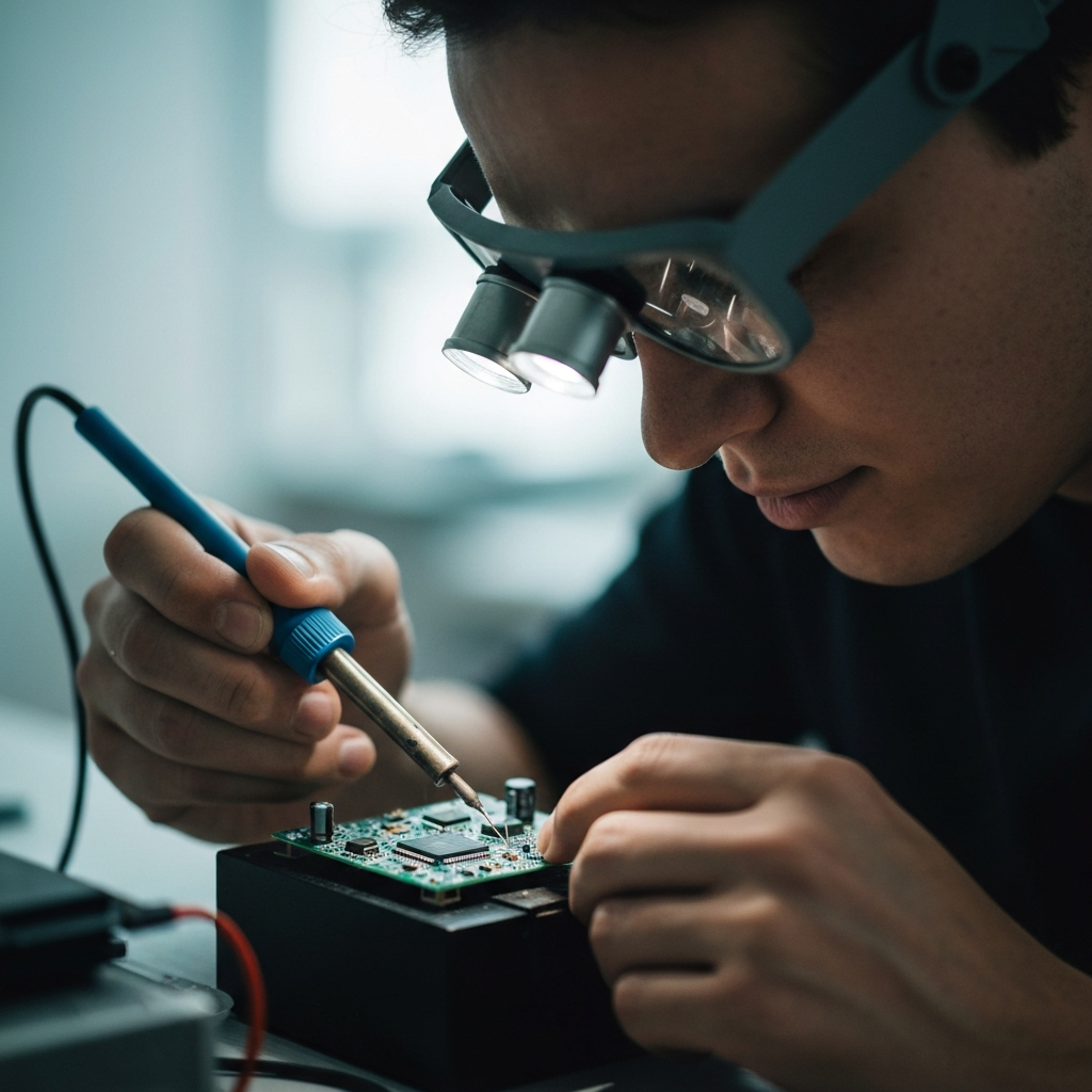 A close-up shot of a person soldering a new capacitor onto a circuit board. The soldering iron is in focus, and the person is wearing a magnifying visor. The background is blurred to emphasize the task at hand. Soft, diffused light.