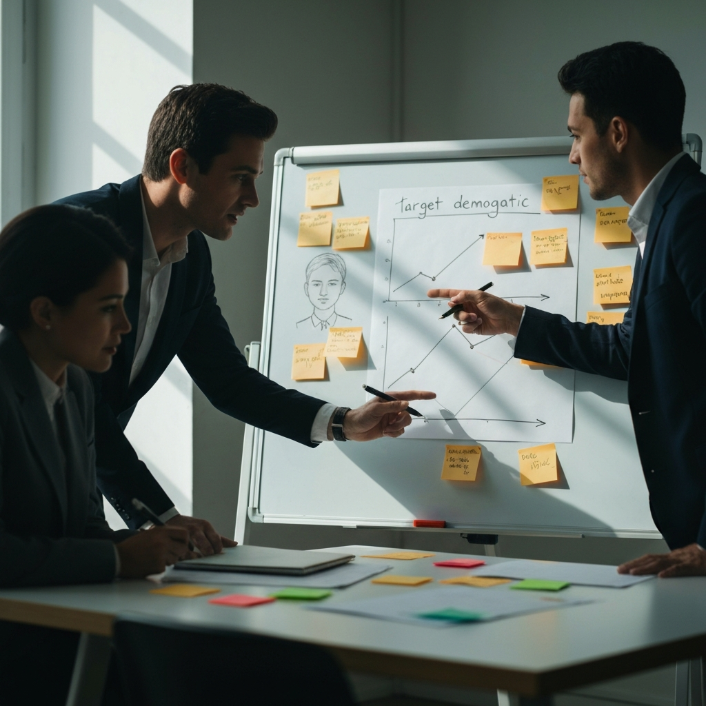 A brightly lit office. Two colleagues are leaning over a whiteboard covered with sticky notes and hand-drawn graphs, discussing a target demographic. One is pointing at a profile sketch, the other is taking notes. Soft, diffused light from a nearby window creates gentle shadows.