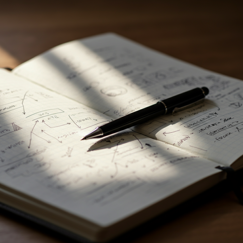 A close-up shot of a notebook and pen. The notebook is open to a page filled with handwritten notes, diagrams, and arrows connecting different ideas. The light is warm and inviting, highlighting the texture of the paper and the ink.