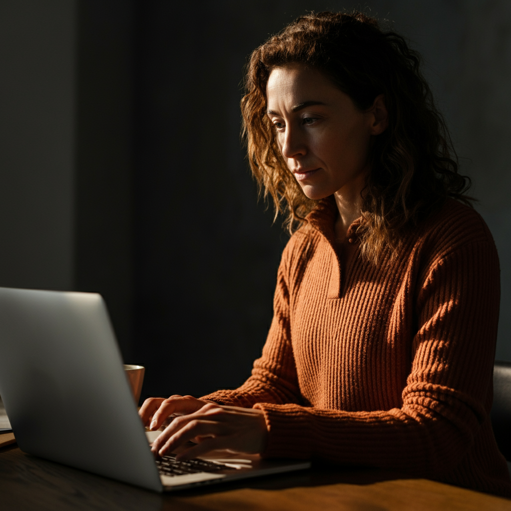 A woman sitting at a desk, working on a laptop. She's focused on the screen, with a thoughtful expression on her face. The lighting is soft and natural, illuminating her face and hands. A coffee cup sits nearby.
