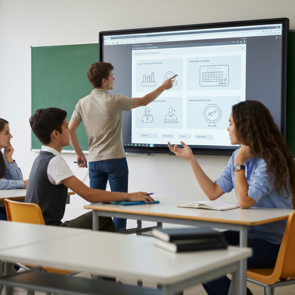 A brightly lit classroom. Students are looking at a large interactive whiteboard displaying an infographic. The students are engaged and asking questions. The scene is active and energetic.