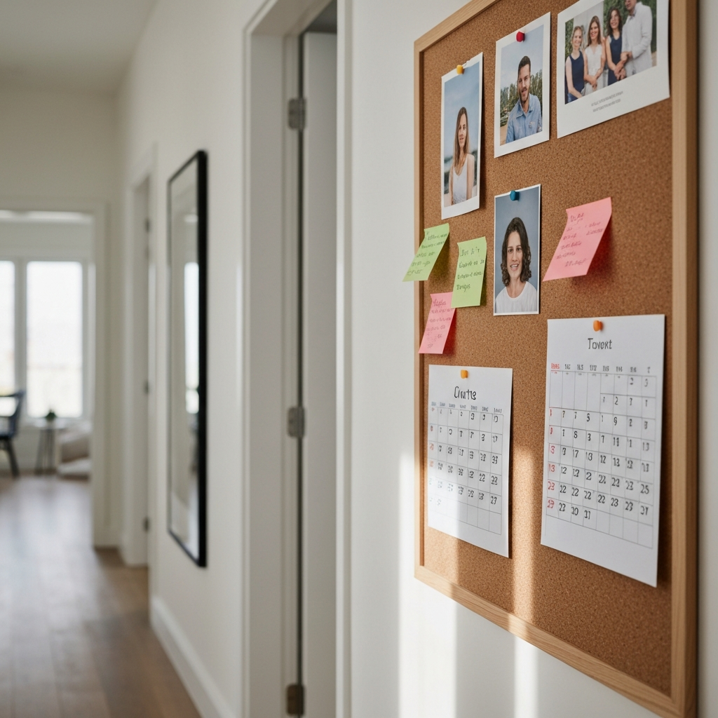 A close-up shot of a corkboard in a well-lit hallway. The board is filled with colorful sticky notes, family photos, a handwritten chore chart, and a calendar marked with important dates. Soft, natural light illuminates the texture of the cork and the various paper elements.
