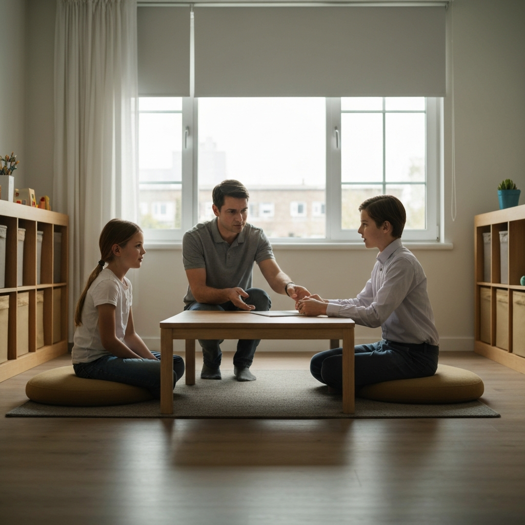 A well-organized playroom with natural light streaming through the windows. Two children are sitting at a low table, engaged in a discussion. An adult is nearby, gently guiding the conversation and mediating between them. The scene is calm and supportive.