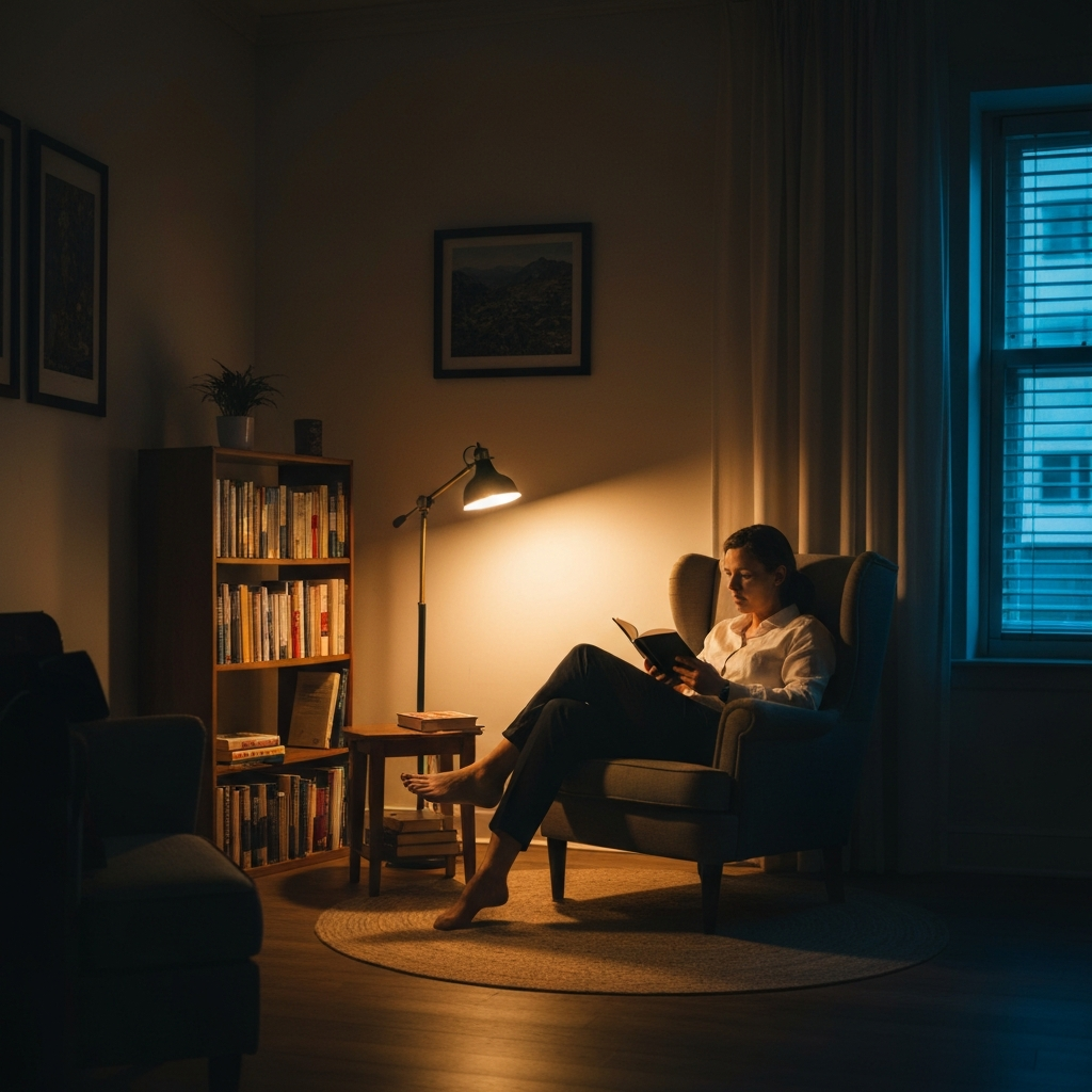 A cozy reading nook with soft lighting. A comfortable armchair sits next to a small bookshelf filled with books. A person is curled up in the chair, reading a book and bathed in warm lamplight. The room has a sense of calm and tranquility.