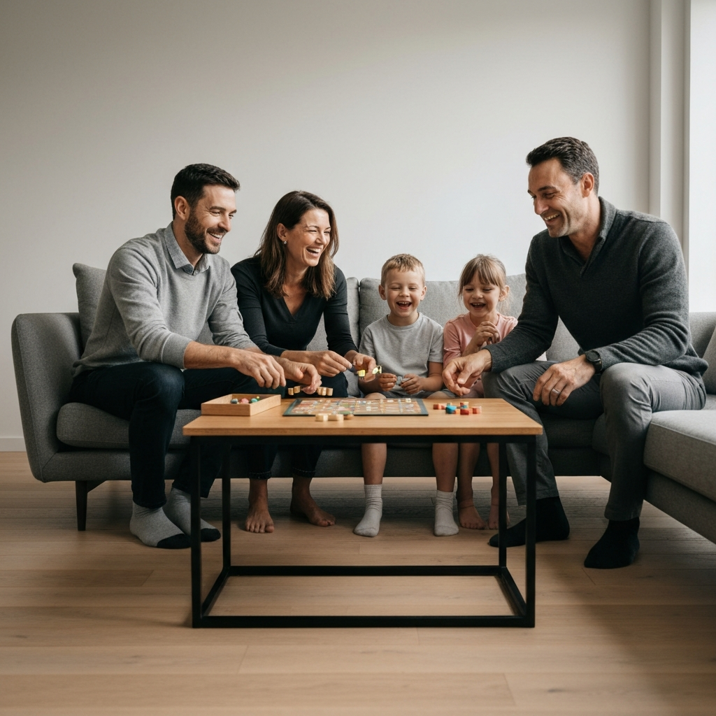 A family is gathered around a coffee table in a warmly lit living room, playing a board game. Laughter and smiles are visible. Soft lighting and a shallow depth of field highlight the family's interaction and joy.