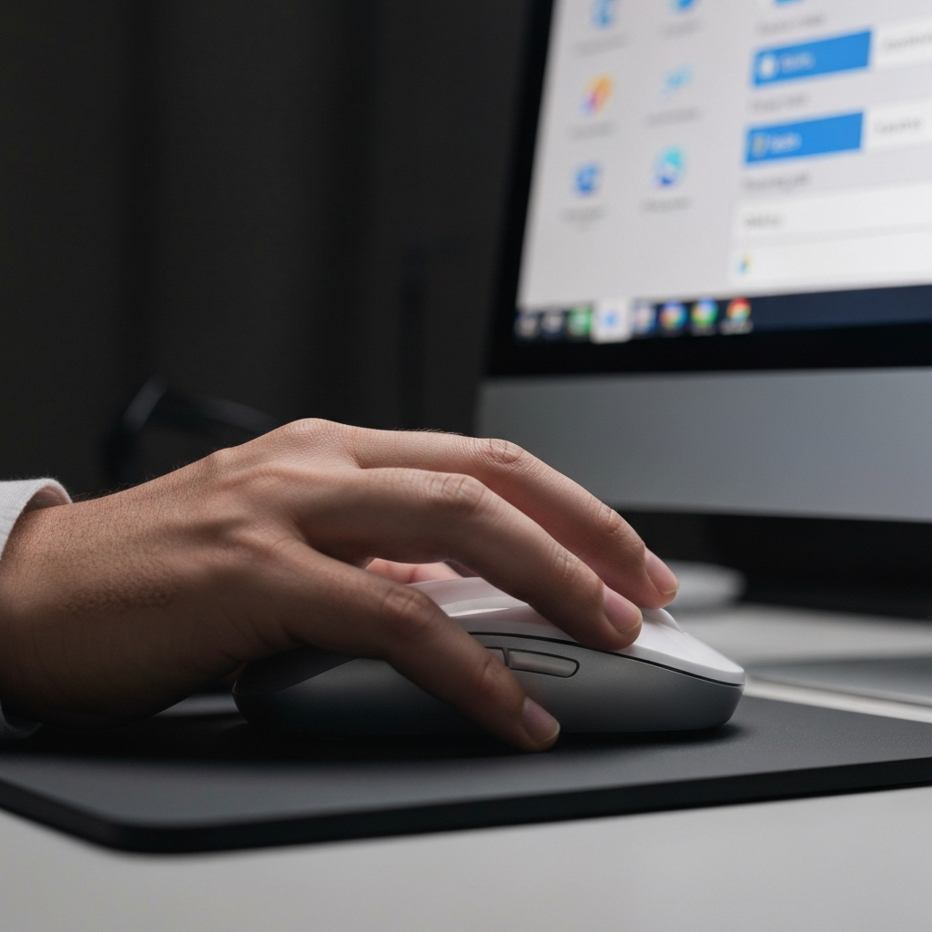 Close-up of a hand using a mouse to right-click on a desktop icon, with soft, diffused lighting highlighting the texture of the mousepad. The computer screen shows a context menu with "Delete" highlighted. Focus is sharp on the hand and mouse, with a blurred background of the desktop.