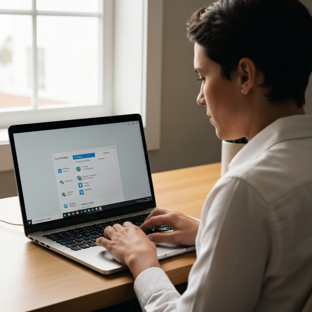 A person sits in a well-lit home office, focused on a laptop screen. The natural light from a nearby window casts soft shadows on their face. Their hands are poised above the keyboard. The laptop screen displays the Windows Task Manager with the "Startup" tab selected.