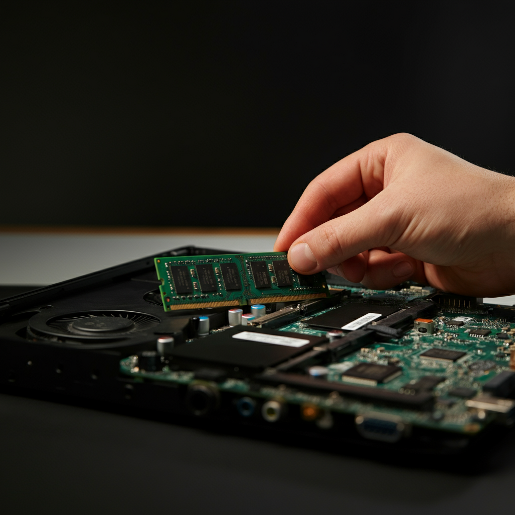Hands carefully inserting a RAM module into a laptop's memory slot. The lighting is warm and even, illuminating the intricate details of the motherboard. The person is wearing an anti-static wrist strap. Focus is sharp on the RAM module and the memory slot.